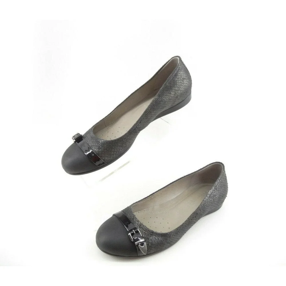 ECCO Womens SZ 38 EU 7-7.5US Black Leather Snake Skin Print Buckle Comfort Flats